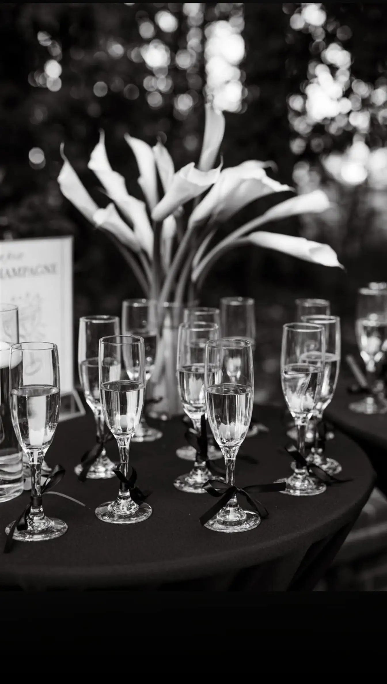 Black-and-white photo of champagne flutes tied with black ribbon on a black cocktail table, white calla lilies behind